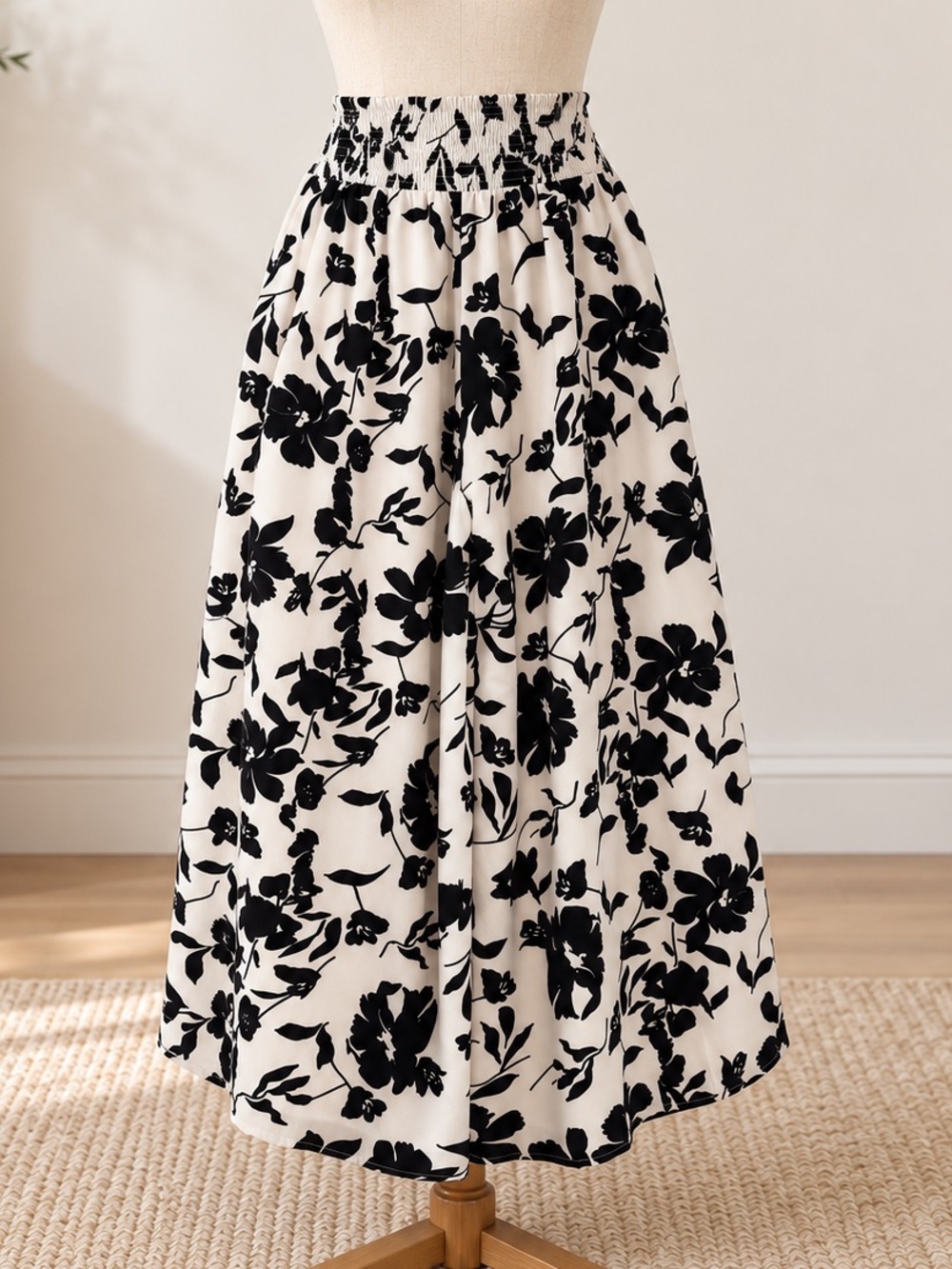 Smocked Waist Black Floral Maxi Skirt - White/Black